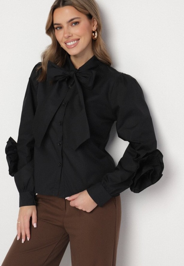 Czarna Koszula z Ozdobnym Wiązaniem i Falbankami Zalimira