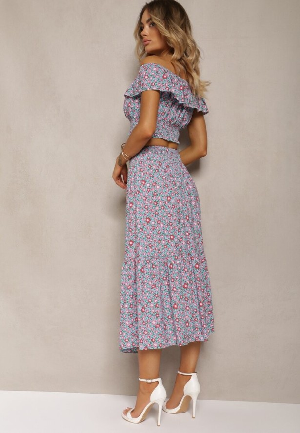 Jasnoniebieski 2-częściowy Komplet Bawełniany z Topem i Długą Spódnicą w Kwiaty Agnda