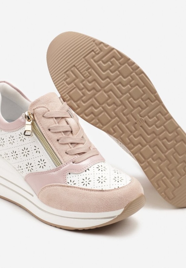 Różowe Sneakersy na Ukrytym Koturnie z Ozdobnym Suwakiem i Ażurowym Wzorem Reladia