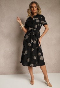 Czarna Wiskozowa Sukienka Koszulowa Ozdobiona Paskiem i Haftem Divaloria