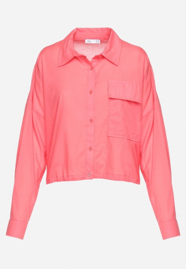 Ciemnoróżowa Bawełniana Koszula z Dłuższym Tyłem z Ozdobną Kieszonką i Gumką Ralena