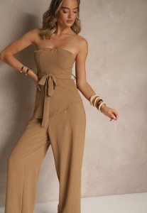 Jasnobrązowy Komplet Spodnie o Szerokim Kroju i Asymetryczna Bluzka Ralinessa