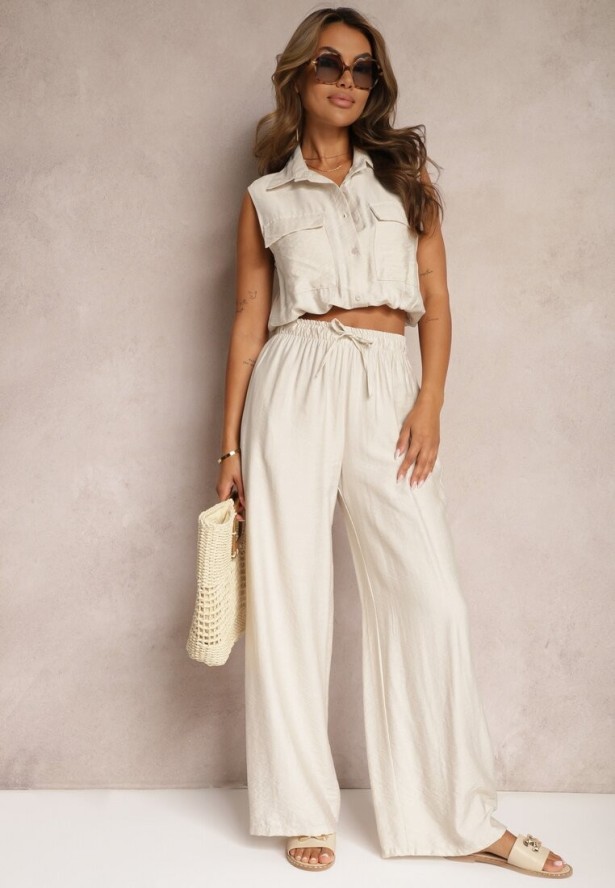 Beżowy Komplet z Wiskozy Spodnie o Szerokim Kroju z Gumką w Talii Bluzka z Kieszeniami Risellesma