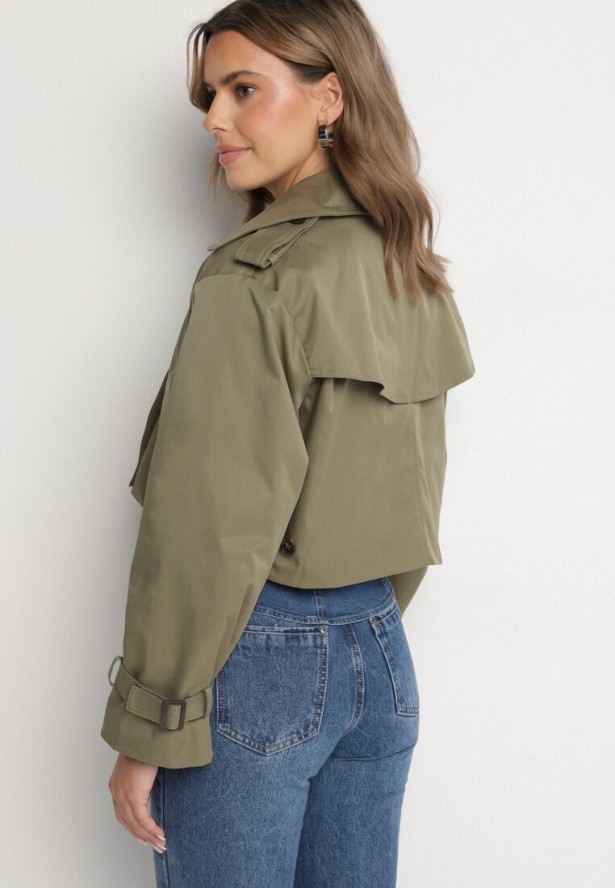 Ciemnozielona Kurtka Dwurzędowa w Stylu Krótkiego Trencza z Wiskozy i Bawełny Tirdexis