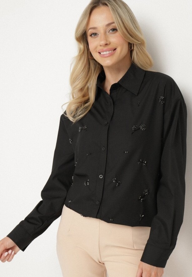 Czarna Koszula z Bawełny Ozdobiona Naszywkami Katiema