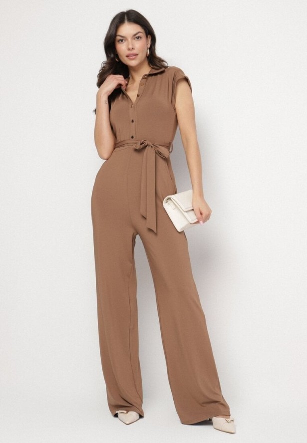 Brązowy Koszulowy Kombinezon z Wiskozą z Krótkim Rękawem i Paskiem Minorita