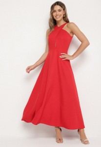 Czerwona Rozkloszowana Sukienka z Wiskozą i Dekoltem Typu Halter Dolienna