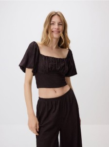 Bluzka z haftem - ciemnobrązowy