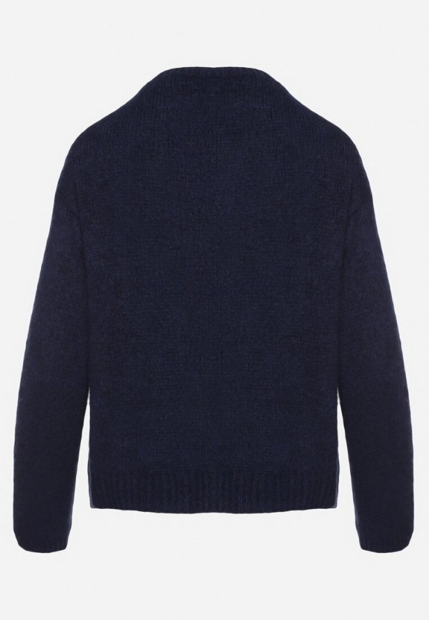 Granatowy Klasyczny Kardigan z Wełną i Moherem Noloria