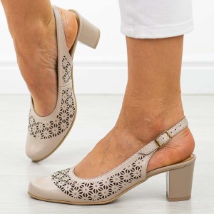 Beżowe skórzane Polskie czółenka damskie z odkryta piętą Deoni L85