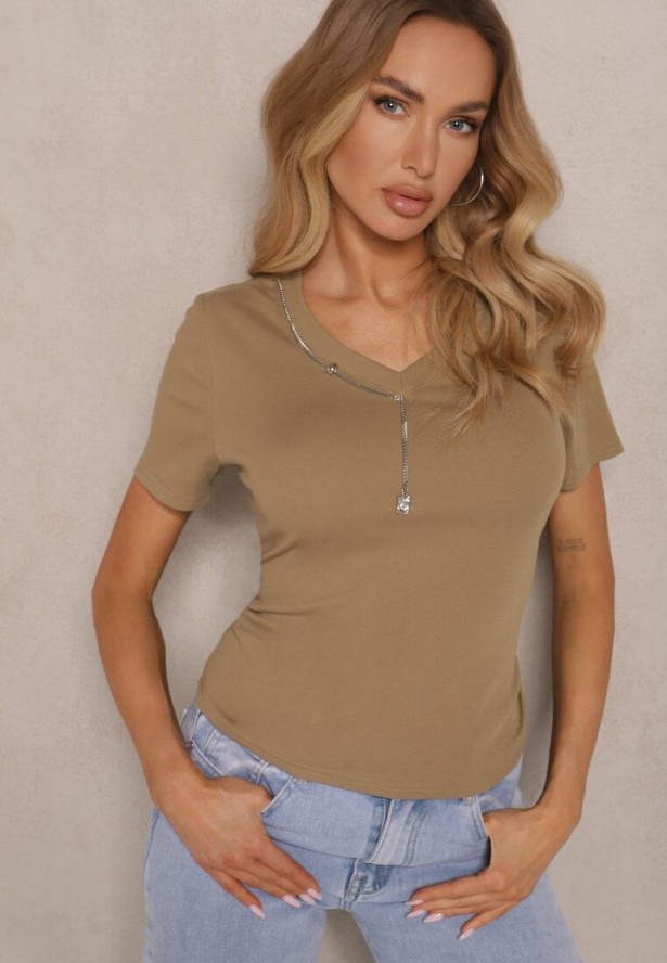 Ciemnozielony T-shirt z Bawełny z Łańcuszkiem i Marszczeniem Olisinia