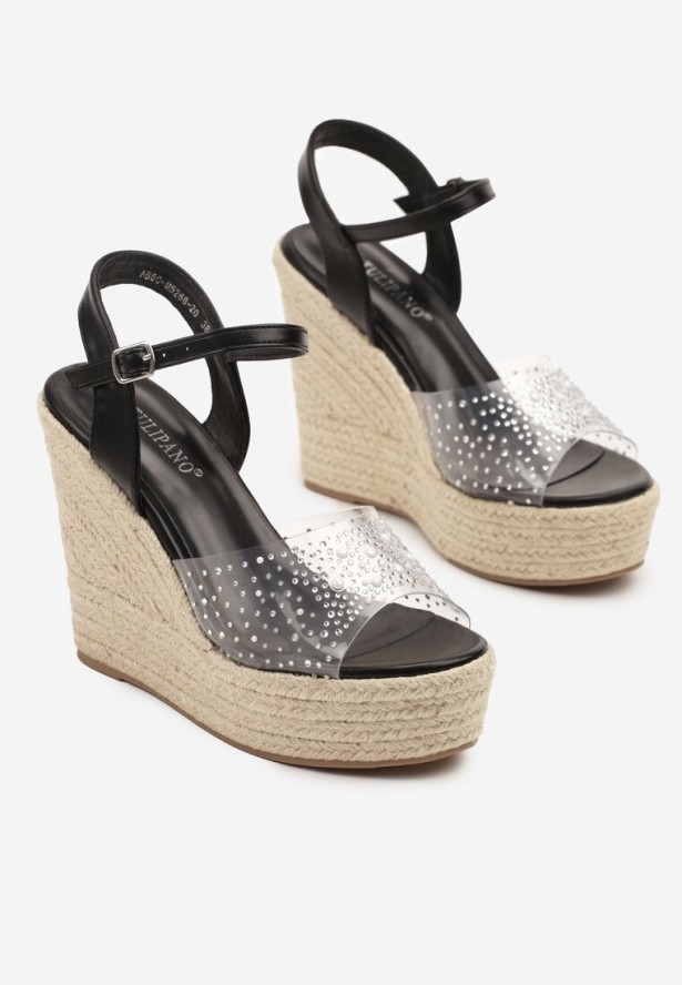 Czarne Przezroczyste Sandały na Koturnie z Plecionką i Cyrkoniami Alulia