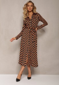 Pomarańczowo-Czarna Sukienka Koszulowa Rozkloszowana Burrus