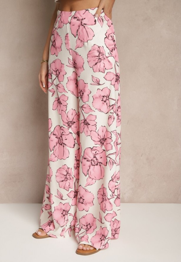 Różowy Komplet w Kwiaty Koszula z Krótkim Rękawem i Szerokie Spodnie Revanae