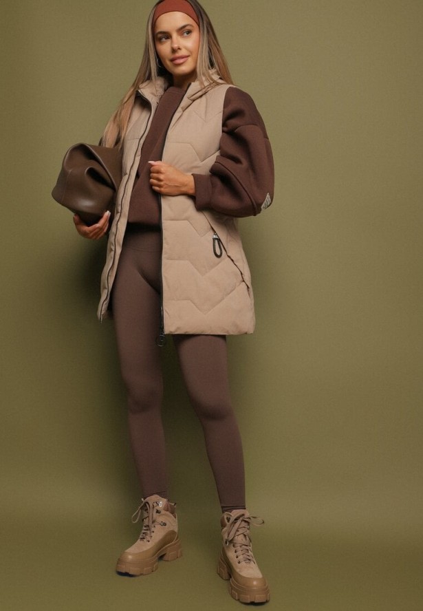 Beżowa Długa Pikowana Kamizelka na Suwak z Kapturem Teriviana