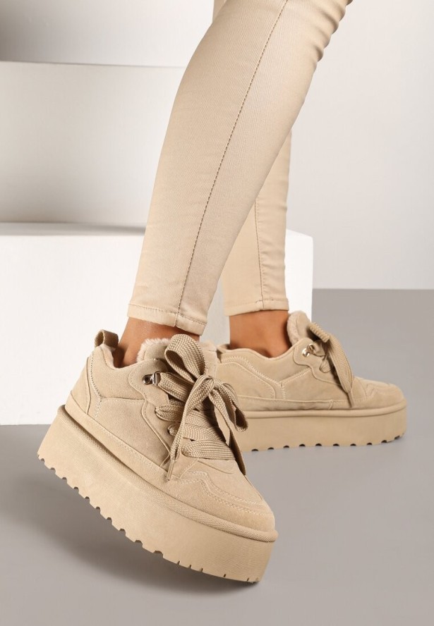 Ciemnobeżowe Sneakersy Vices na Platformie z Ozdobnym Futerkiem Nalirea