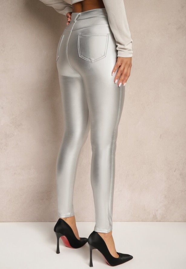 Srebrne Spodnie o Kroju Skinny z Ekoskóry Zorlemi