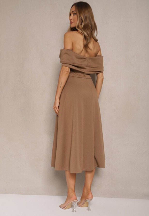 Brązowa Sukienka Rozkloszowana Ozdobiona Kokardą Odarra