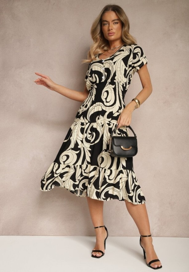 Czarna Bawełniana Sukienka z Abstrakcyjnym Motywem i Guzikami Talivea