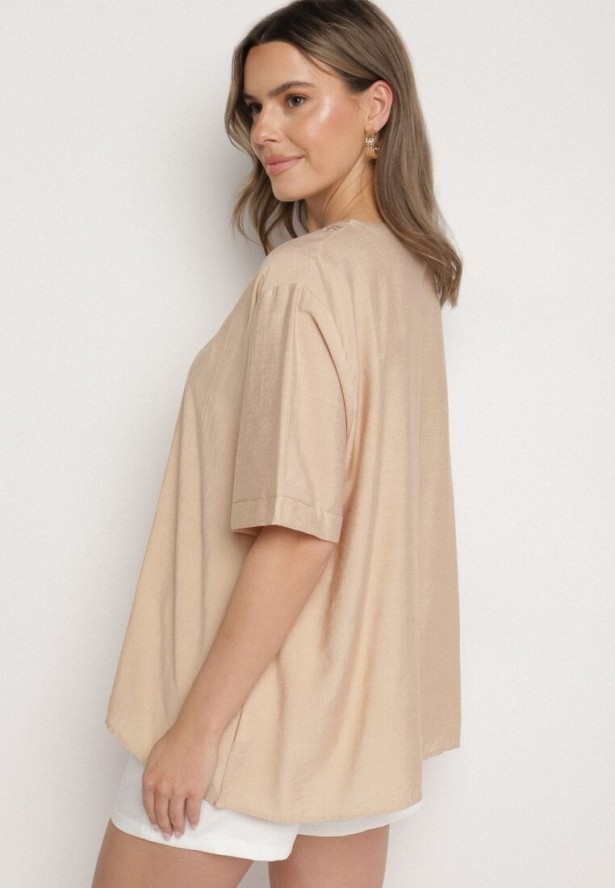 Beżowa Bawełniana Bluzka z Ozdobnym Haftem Rinevra