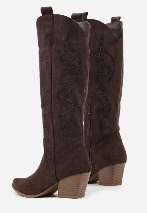 Brązowe Kozaki Kowbojki na Stożku z Cholewką z Cyrkoniami Nalikka