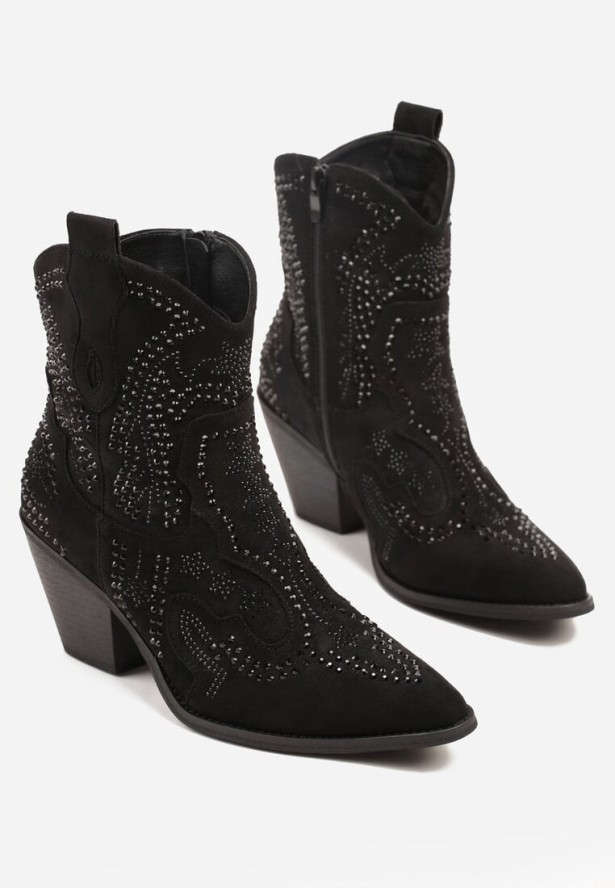 Czarne Botki Kowbojki na Stożkowym Obcasie z Cyrkoniami Tullane