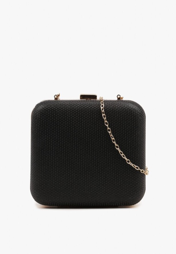 Czarna Kwadratowa Torebka Kopertówka z Łańcuszkiem Zdobiona Cyrkoniami Realina