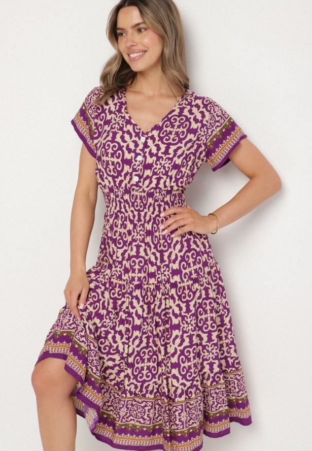 Ciemnofioletowa Bawełniana Sukienka z Gumką w Talii i Guzikami Natiflione