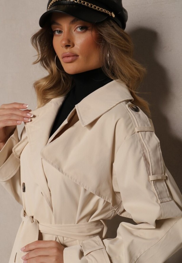 Beżowy Płaszcz Trencz o Dwurzędowym Kroju z Rozcięciem i Klapą Wiązany w Talii Valezi