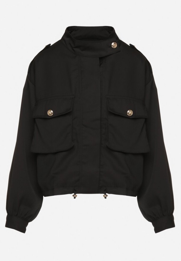 Czarna Kurtka ze Stójką i Ozdobnymi Guzikami Ściągana w Pasie Troczkiem Basalle