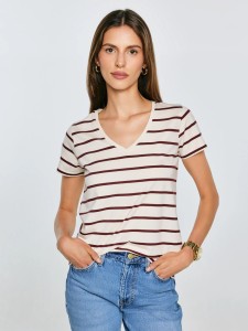 Koszulka damska z dekoltem v-neck w paski kremowa Retina 103