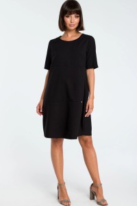 Lniana sukienka na lato bombka oversize z kieszeniami czarna