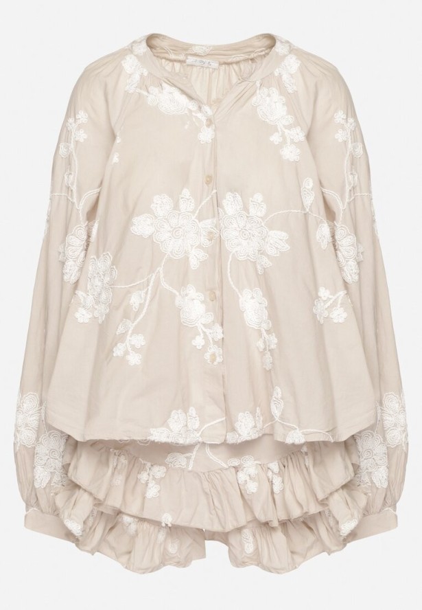 Beżowy Bawełniany Komplet Koszula z Szerokimi Rękawami i Spódnico-Spodenki Savrise