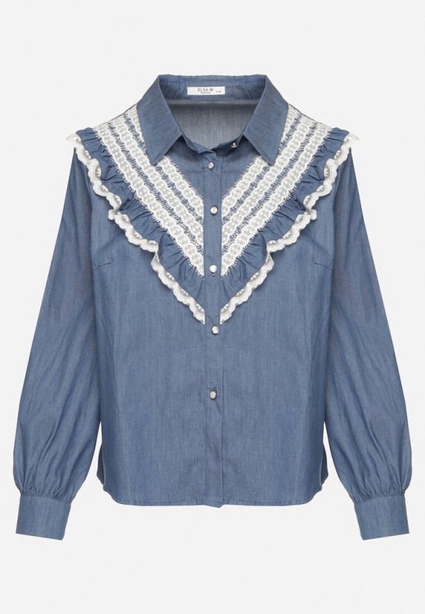 Niebieska Bawełniana Koszula w Rustykalnym Stylu z Koronką i Falbankami Lisalina