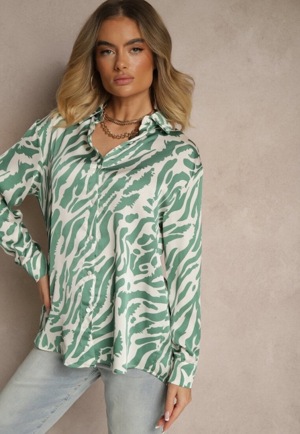 Zielono-Beżowa Koszula o Dłuższym Kroju z Tyłu w Paski Tilhiria