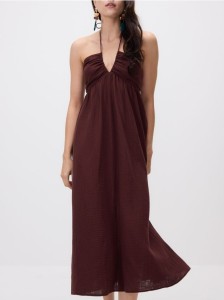 Bawełniana sukienka z wiązaniem - ciemnobrązowy