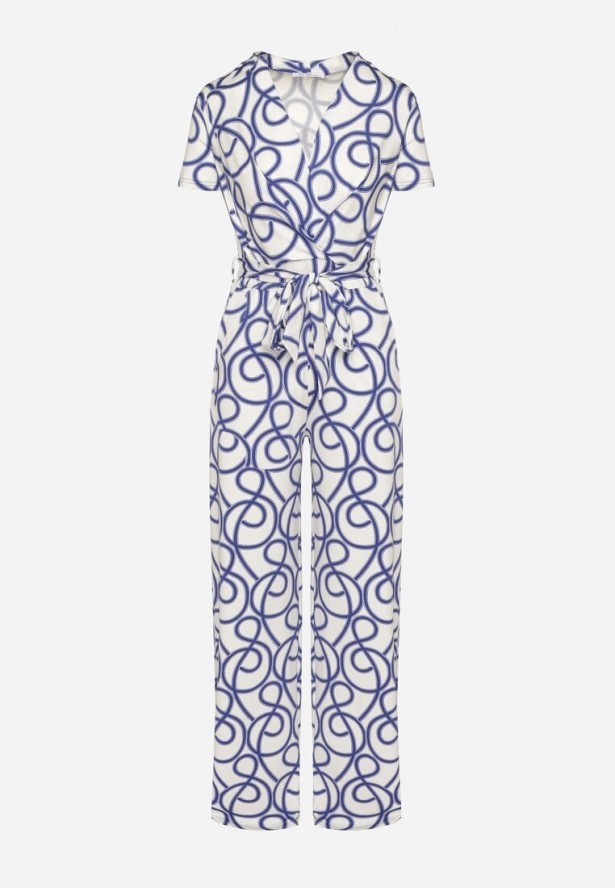 Niebieski Kombinezon z Wiskozą o Kopertowym Kroju w Abstrakcyjny Wzór Evivira