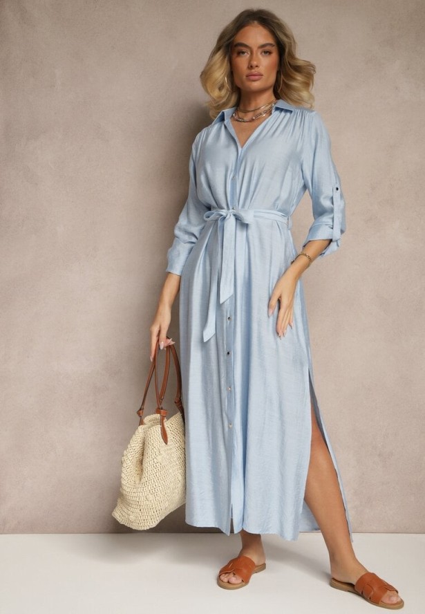 Niebieska Sukienka Koszulowa z Wiskozą Ozdobiona Paskiem Cleonira