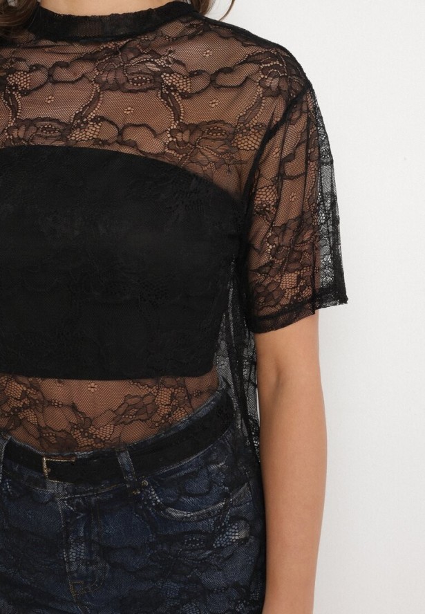 Czarna Koronkowa Bluzka Prześwitująca z Wiskozą Liosaine