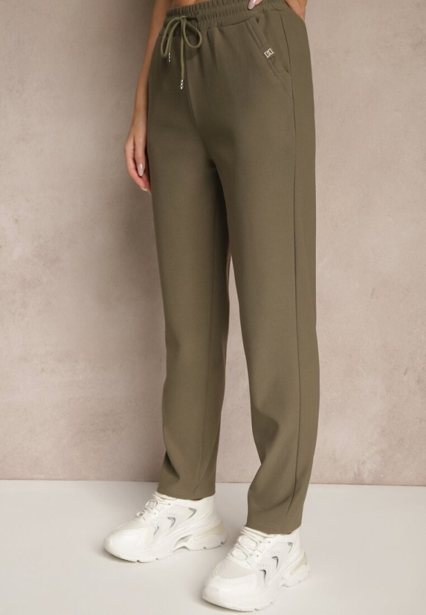 Ciemnozielone Spodnie o Szerokim Kroju z Metalicznymi Ozdobami i Wiązaniem Voressa