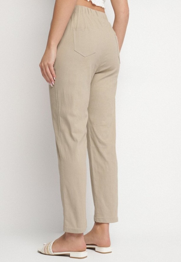 Ciemnobeżowe Spodnie z Bawełny Ozdobione Sznurkami Fenarnia