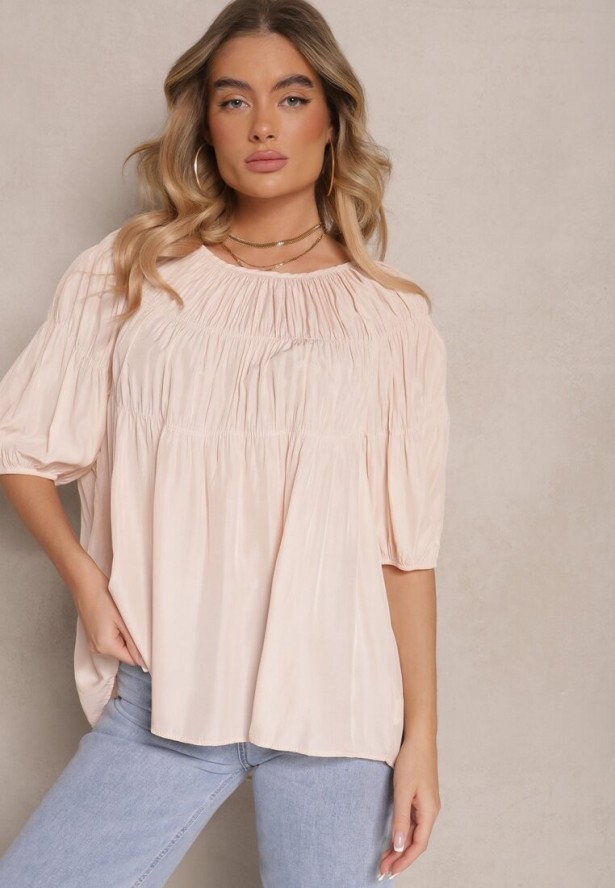 Jasnoróżowa Bluzka z Wiskozą o Fasonie Oversize z Gumkami w Ramionach Alirona