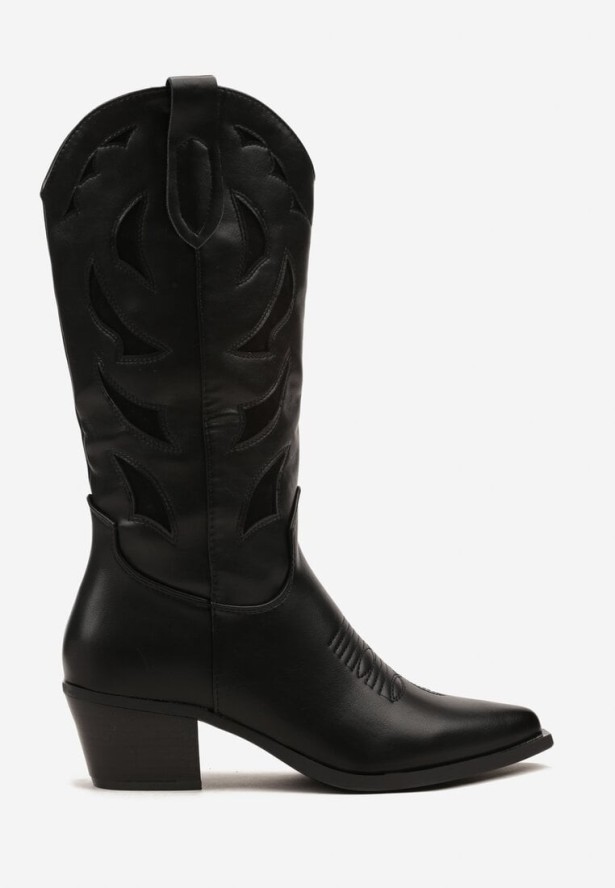 Czarne Kozaki Kowbojki na Obcasie z Tłoczoną Cholewką Latuella