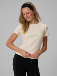 4F T-shirt slim z prążkowanej dzianiny damski - kremowy XL