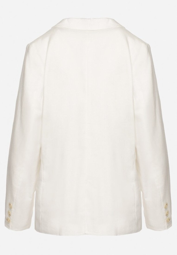 Biała Dwurzędowa Marynarka z Lnem Bawełną i Imitacją Kieszeni Fenarosa