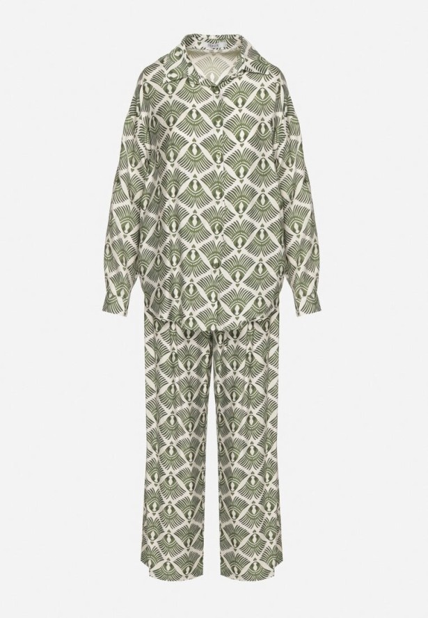 Zielony Wiskozowy Komplet w Etniczny Wzór Koszula i Spodnie Desaviana