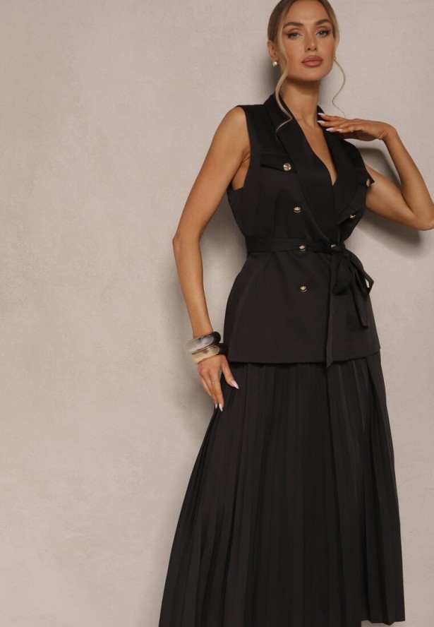 Czarny Komplet Rozkloszowana Spódnica i Rozpinana Kamizelka Divirisa