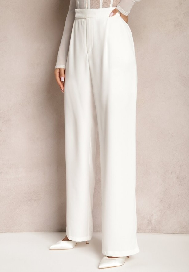 Białe Szerokie Spodnie z Zapięciem na Haczyk Brutris