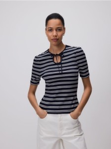 Bawełniana bluzka z wiązaniem - granatowy