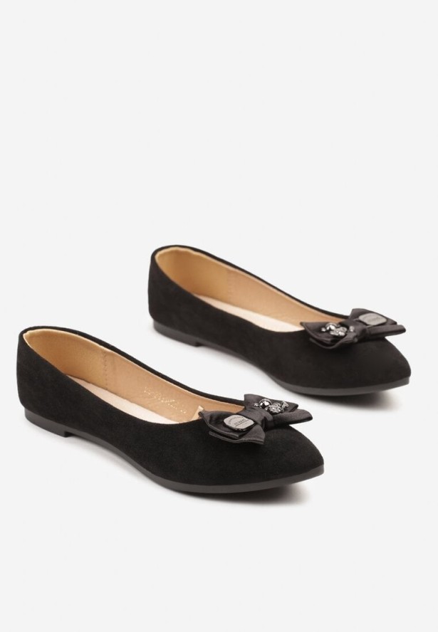 Czarne Balerinki ze Skórzaną Wkładką z Kokardą Galethia